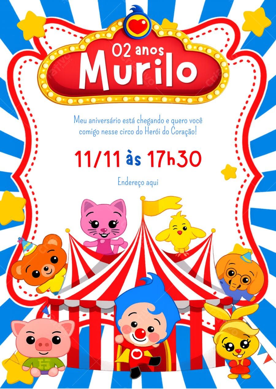 Convite de aniversário Circo do Plim Plim, um Herói do Coração