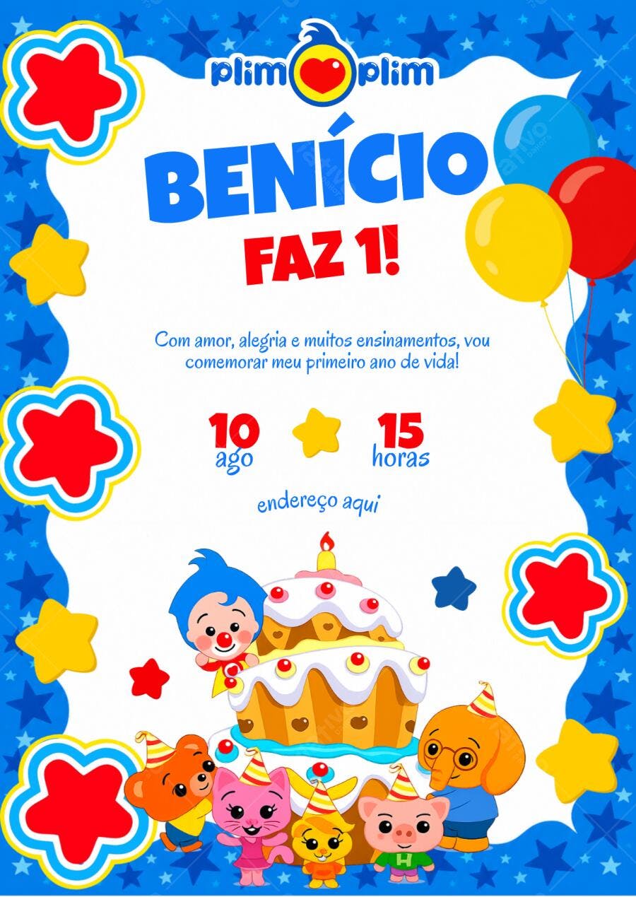 Convite de aniversário O aniversário do Plim Plim, um Herói do Coração