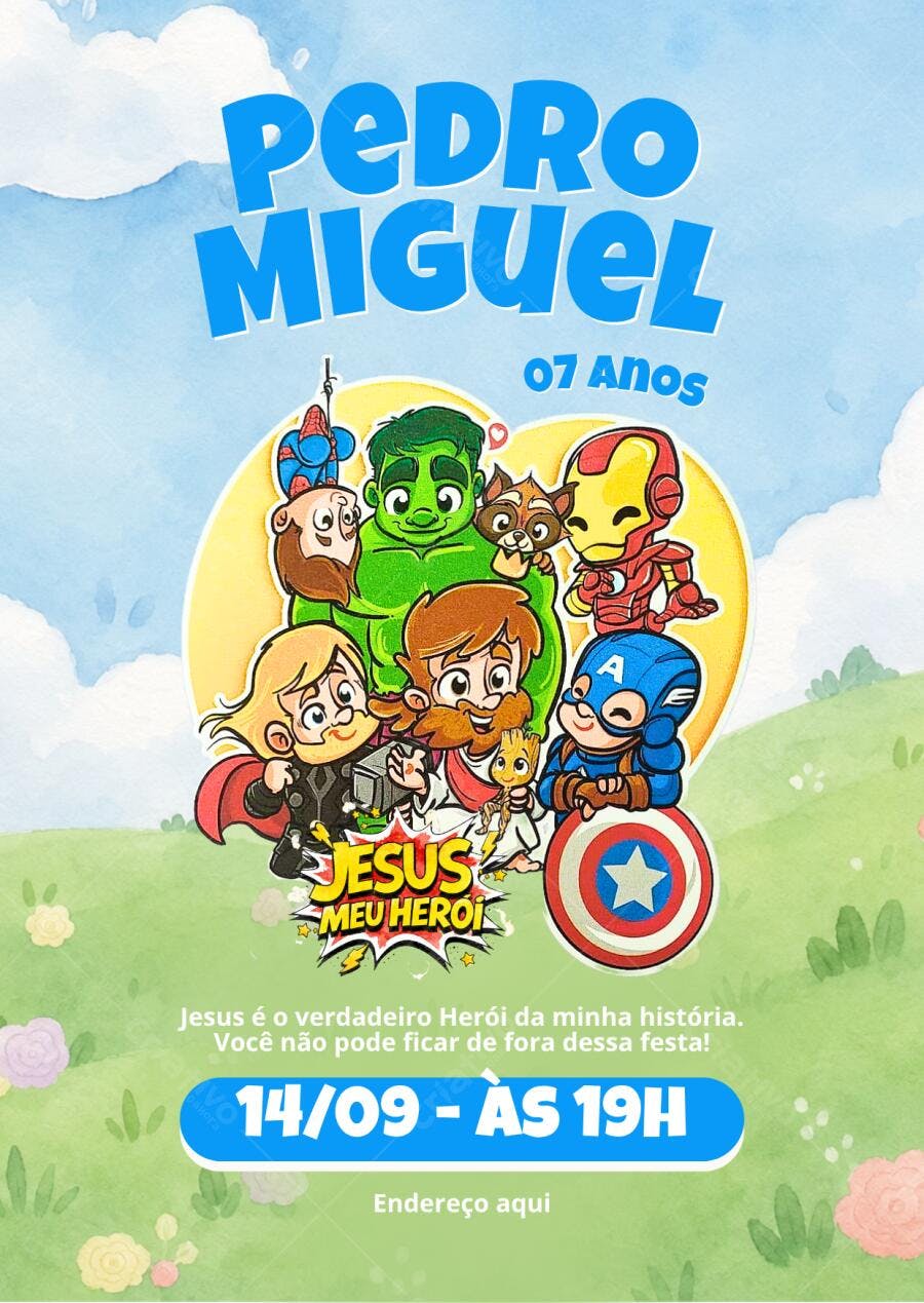 Convite Aniversário Infantil Jesus Meu Herói 7 Anos Editável