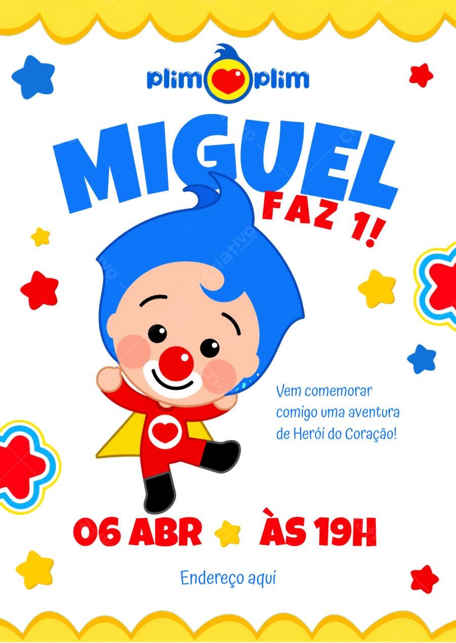 Convite Aniversário Plim Plim 1 Ano Editável