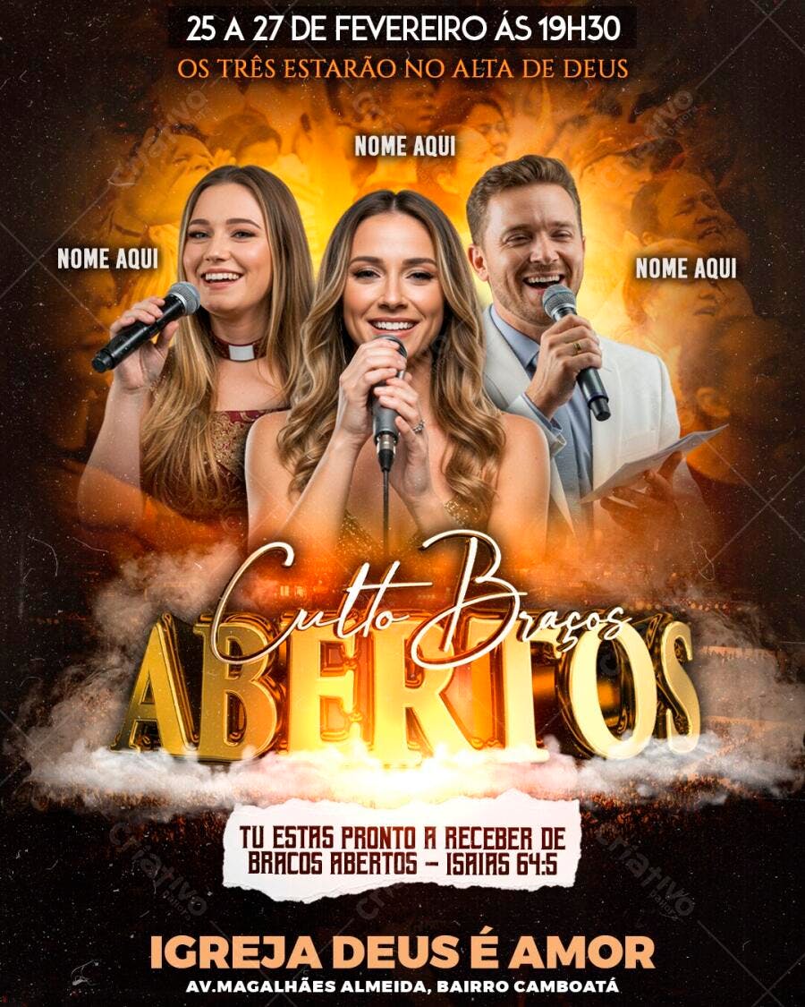 Flyer Culto Bracos Abertos Igreja Deus é Amor PSD Editável