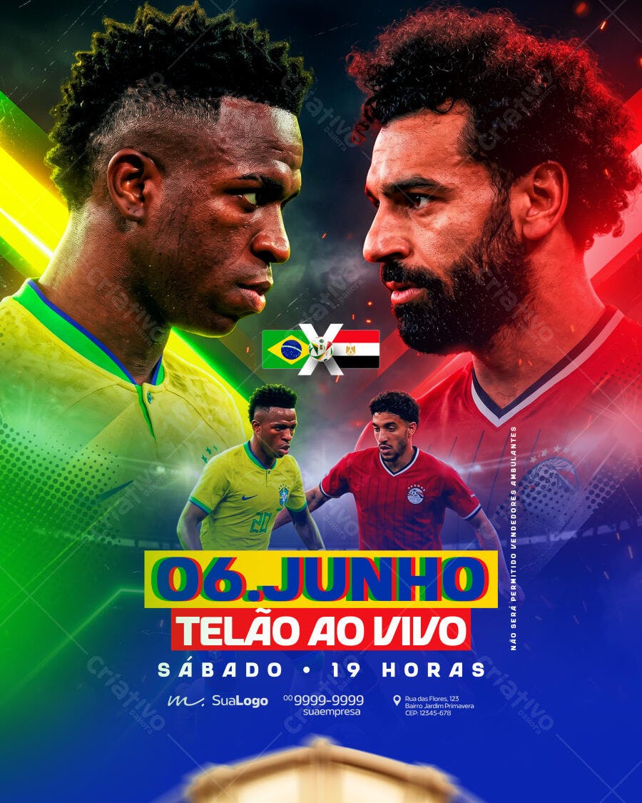 Flyer Futebol Telão ao Vivo Brasil x Egito PSD Editável