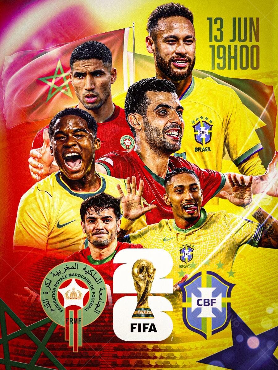 Flyer Jogo Brasil Marrocos Futebol FIFA PSD Editável