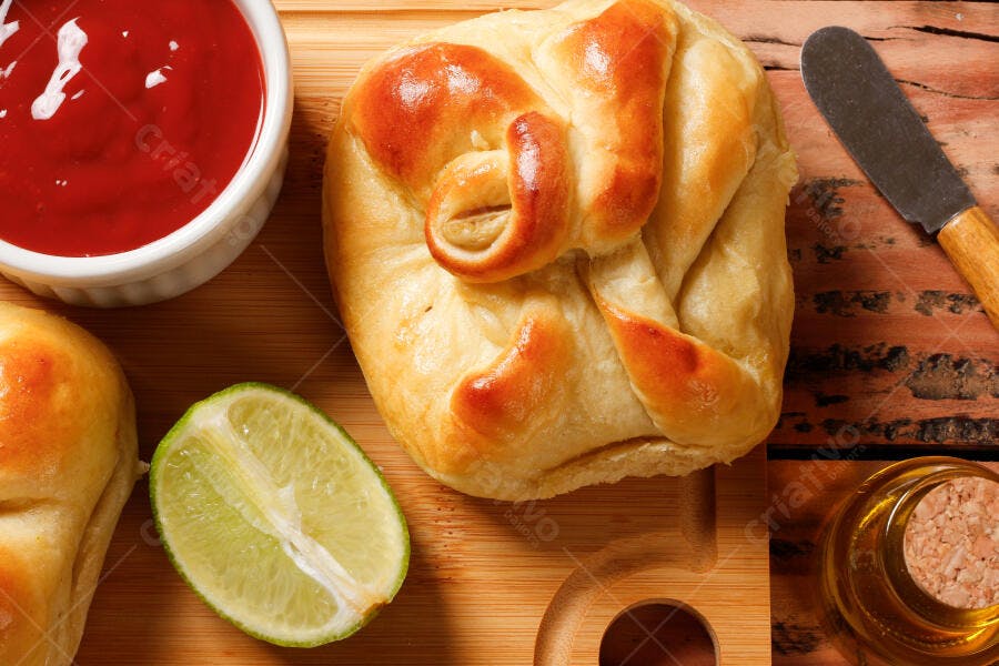Foto Esfiha Fechada Árabe Limão Ketchup Tábua de Madeira