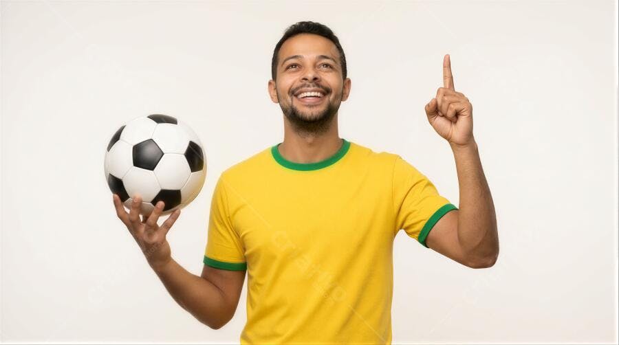 Foto Homem Brasileiro Sorrindo Camisa Amarela Bola de Futebol Apontando