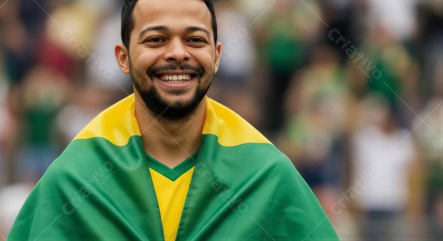 Foto Homem Brasileiro Torcedor Sorrindo Bandeira do Brasil