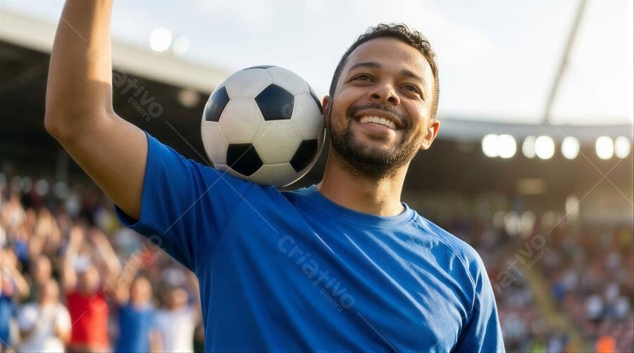 Foto Homem Negro Sorrindo Bola de Futebol Estádio Torcida