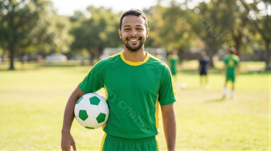 Foto Homem Negro Sorrindo Uniforme Verde Bola de Futebol Campo