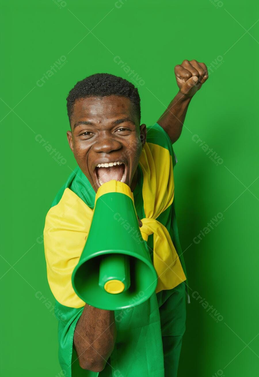 Foto Homem Negro Torcedor Gritando Megafone Camisa Brasil