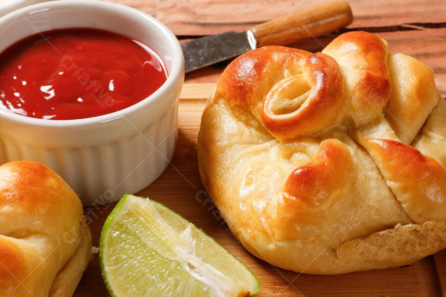 Foto Pãozinho Caseiro com Ketchup e Limão na Tábua de Madeira