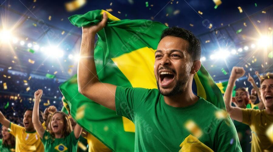 Foto Torcedor Brasileiro Celebrando Jogo Futebol Estádio Confetes