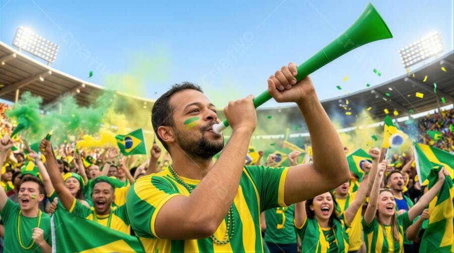 Foto Torcedor Brasileiro Homem Vibrando Vuvuzela Estádio Futebol