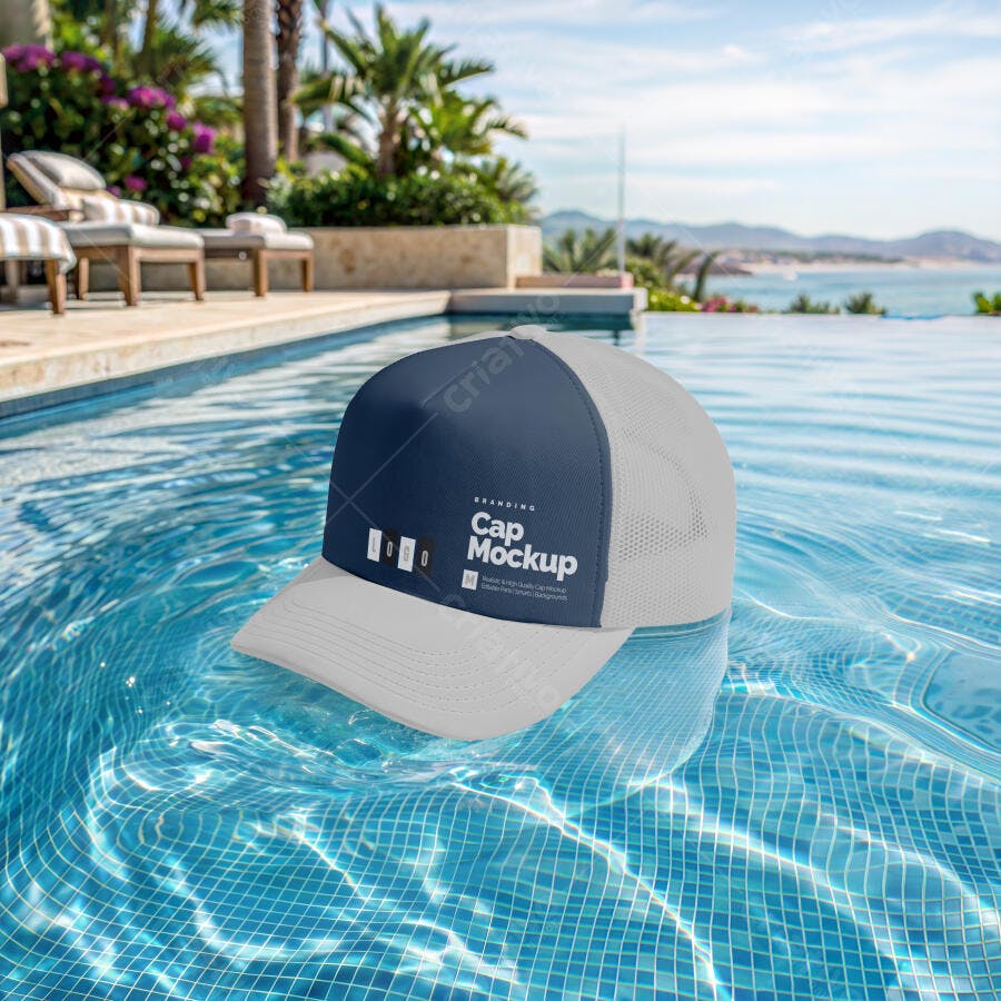Mockup Boné Flutuando Piscina Cenário Verão Editável
