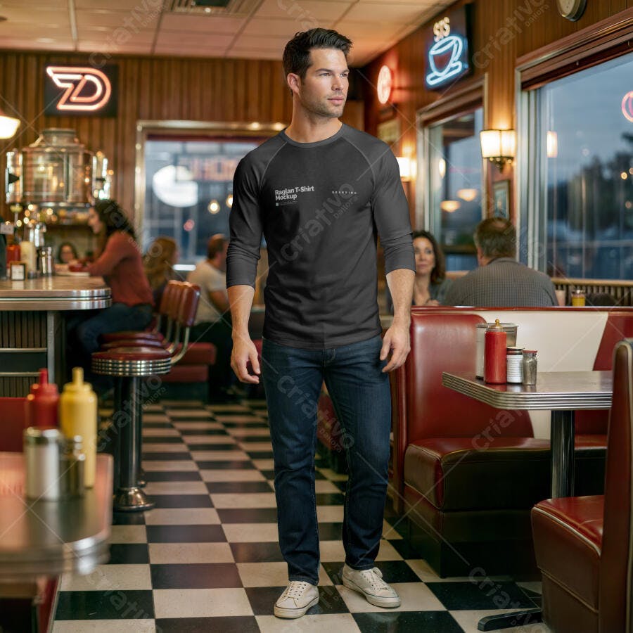 Mockup Camiseta Manga Longa Masculina Diner Retrô Editável