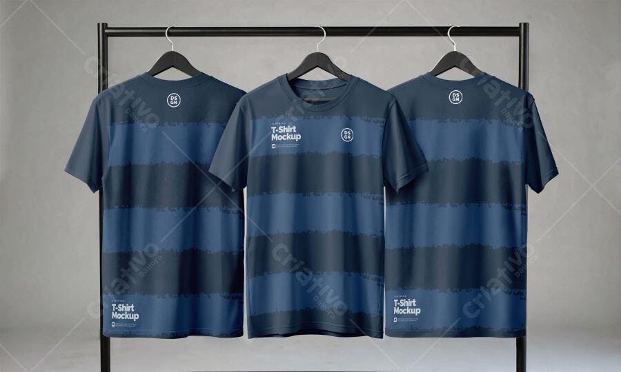 Mockup Camiseta Masculina Azul Listrada Frente e Verso Editável