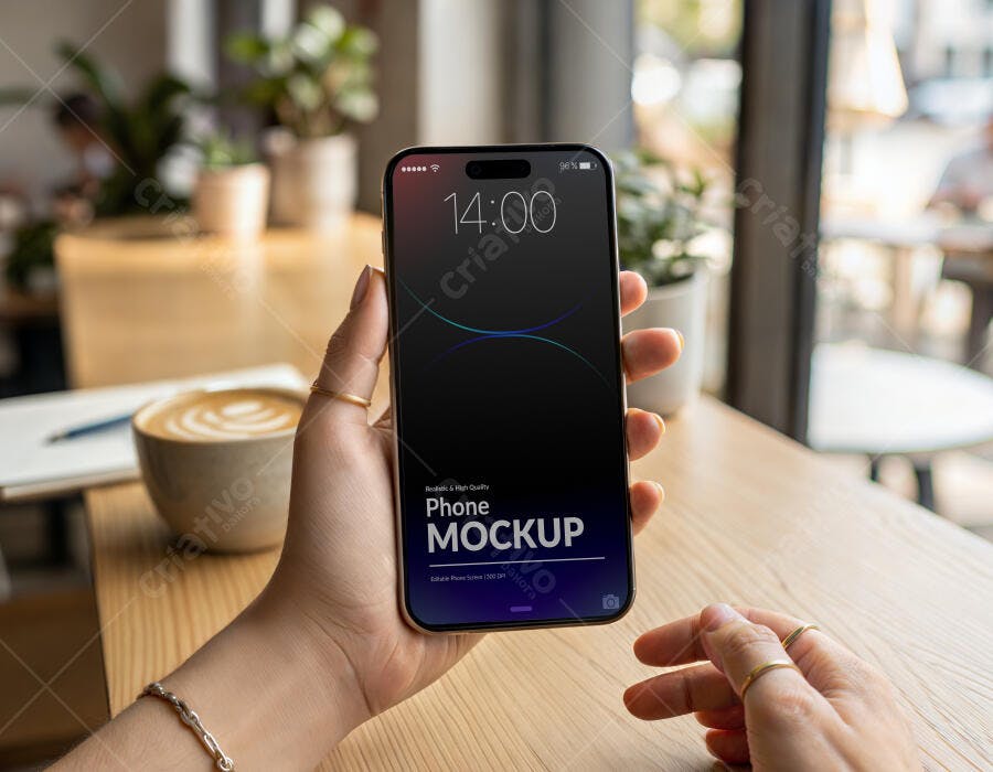 Mockup Celular Mãos Segurando Café Lifestyle Editável