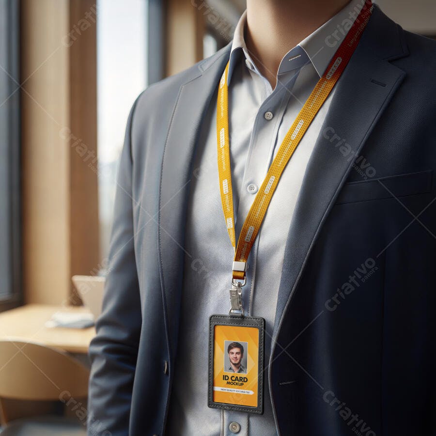 Mockup Crachá Cordão Amarelo Pessoa Terno Editável