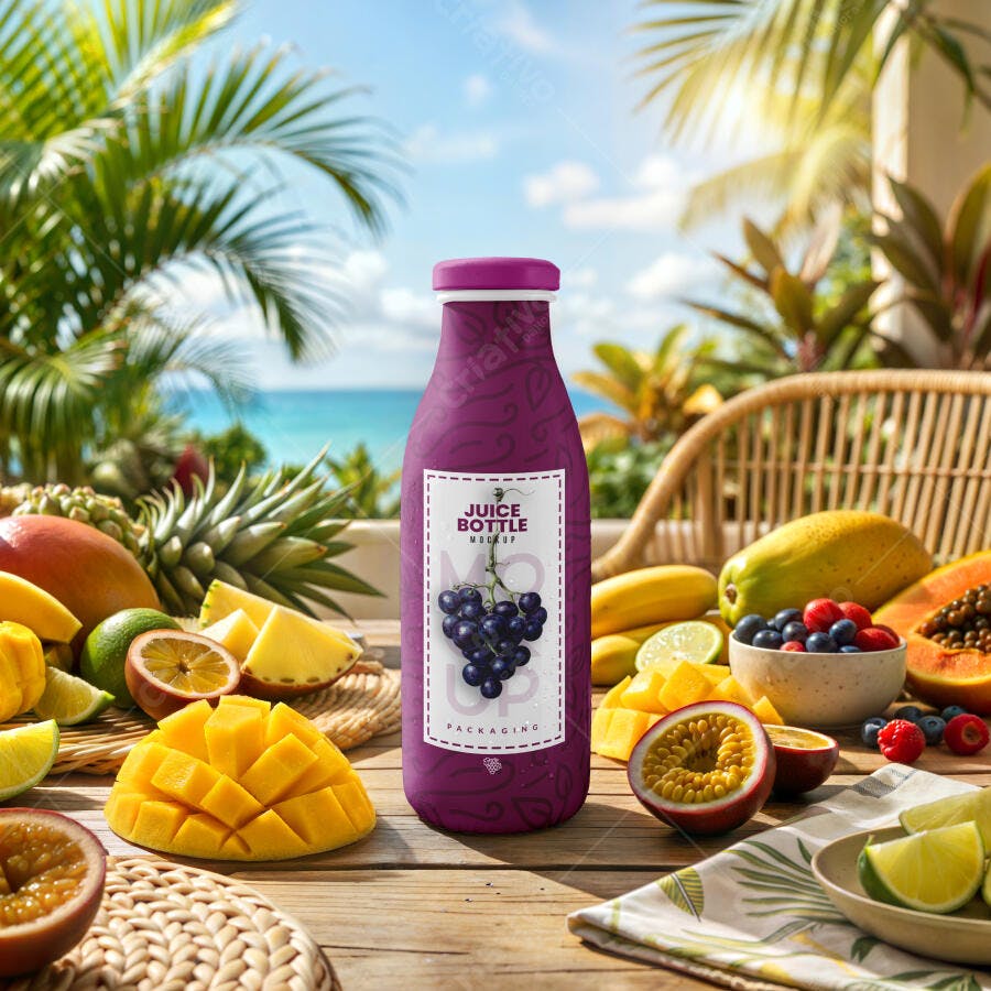 Mockup Garrafa Suco Vidro Cenário Praia Tropical Editável