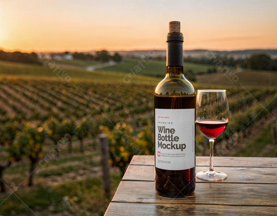 Mockup Garrafa Vinho Tinto Mesa Madeira Vinhedo Editável