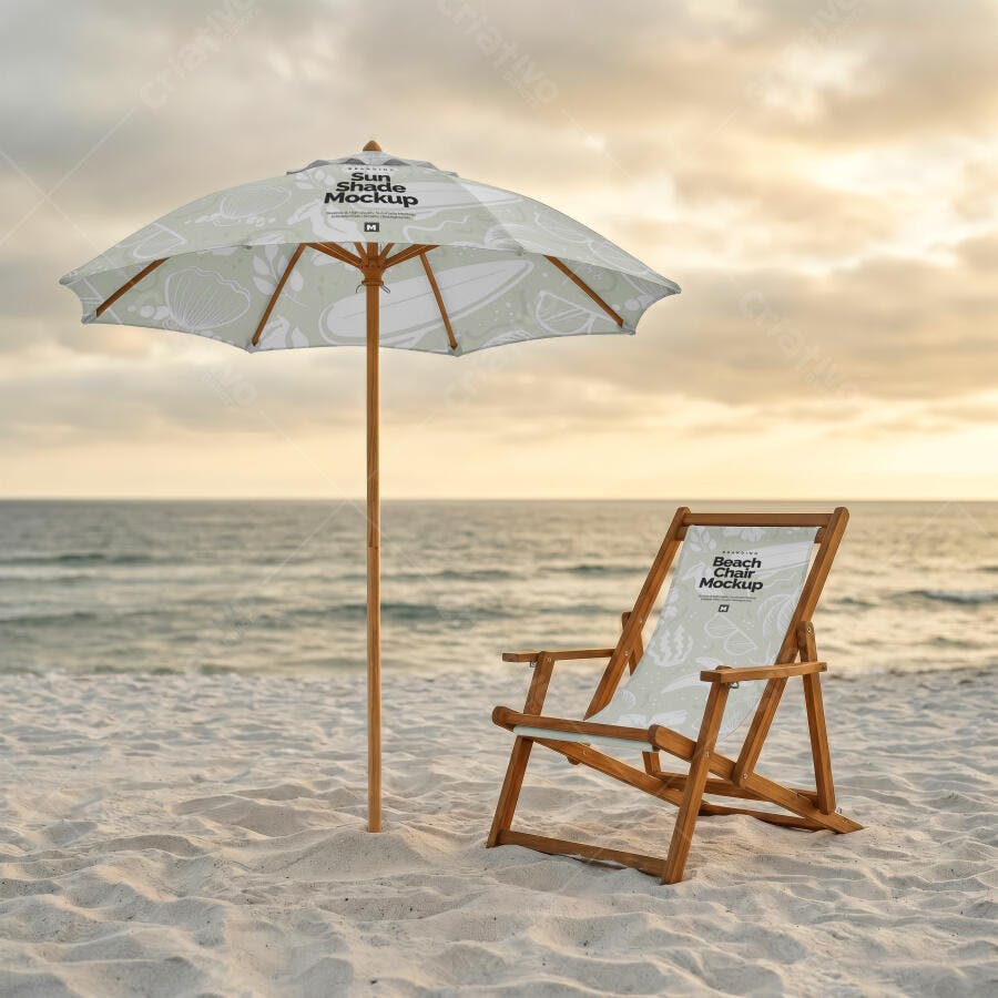 Mockup Guarda-sol e Cadeira de Praia Cenário Pôr do Sol Editável