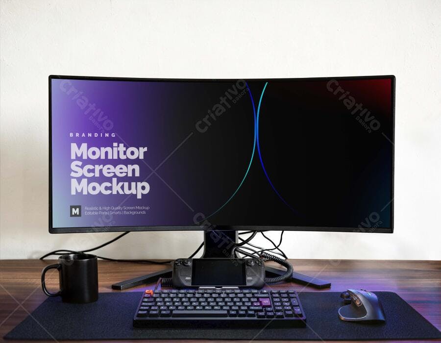 Mockup Monitor Curvo Gamer Mesa Madeira Editável