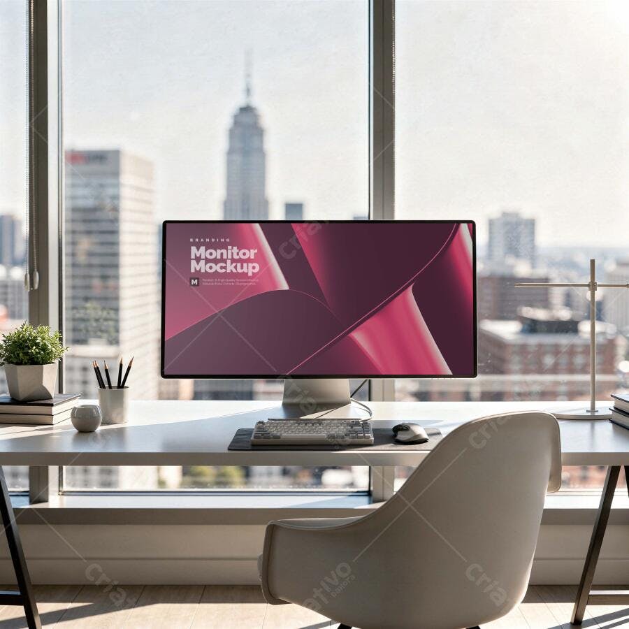 Mockup Monitor Ultrawide Escritório Janela Vista Cidade Editável