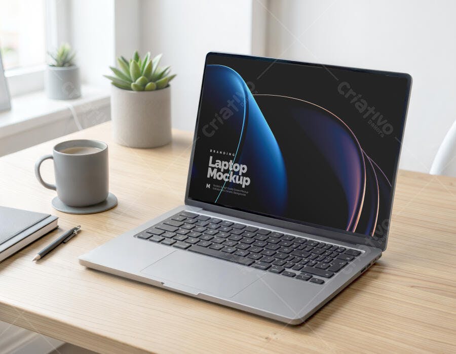 Mockup Notebook Realista Mesa Madeira Cenário Editável