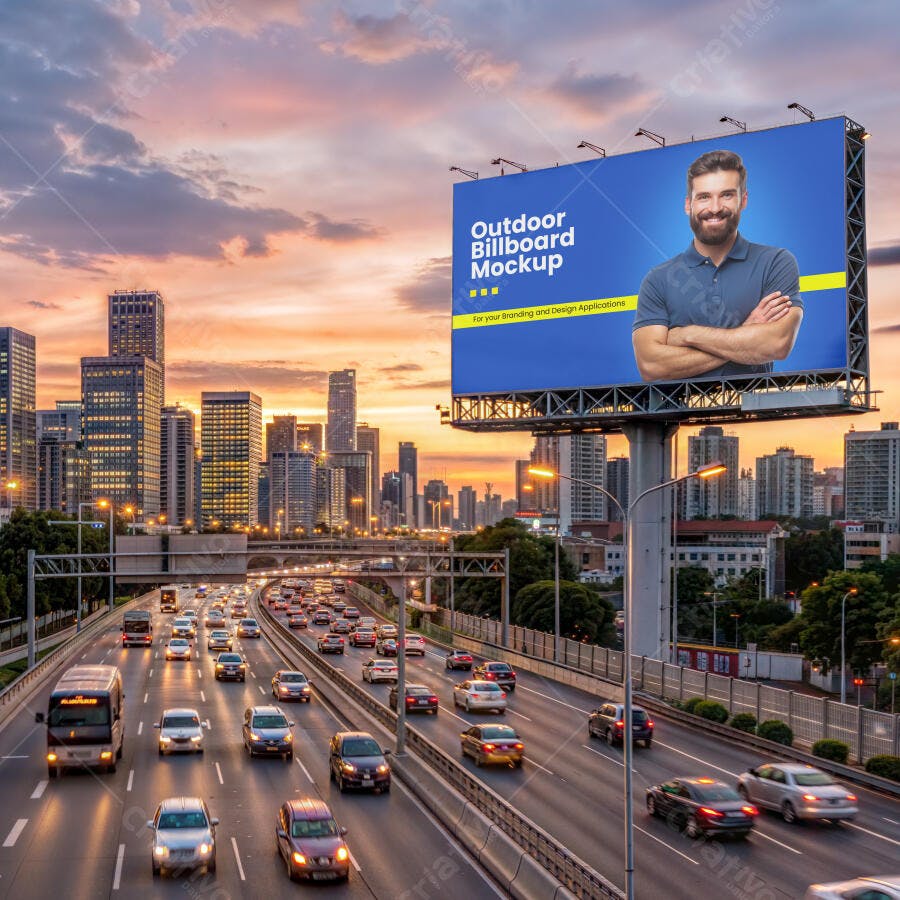 Mockup Outdoor Painel Rodovia Cidade Entardecer Editável