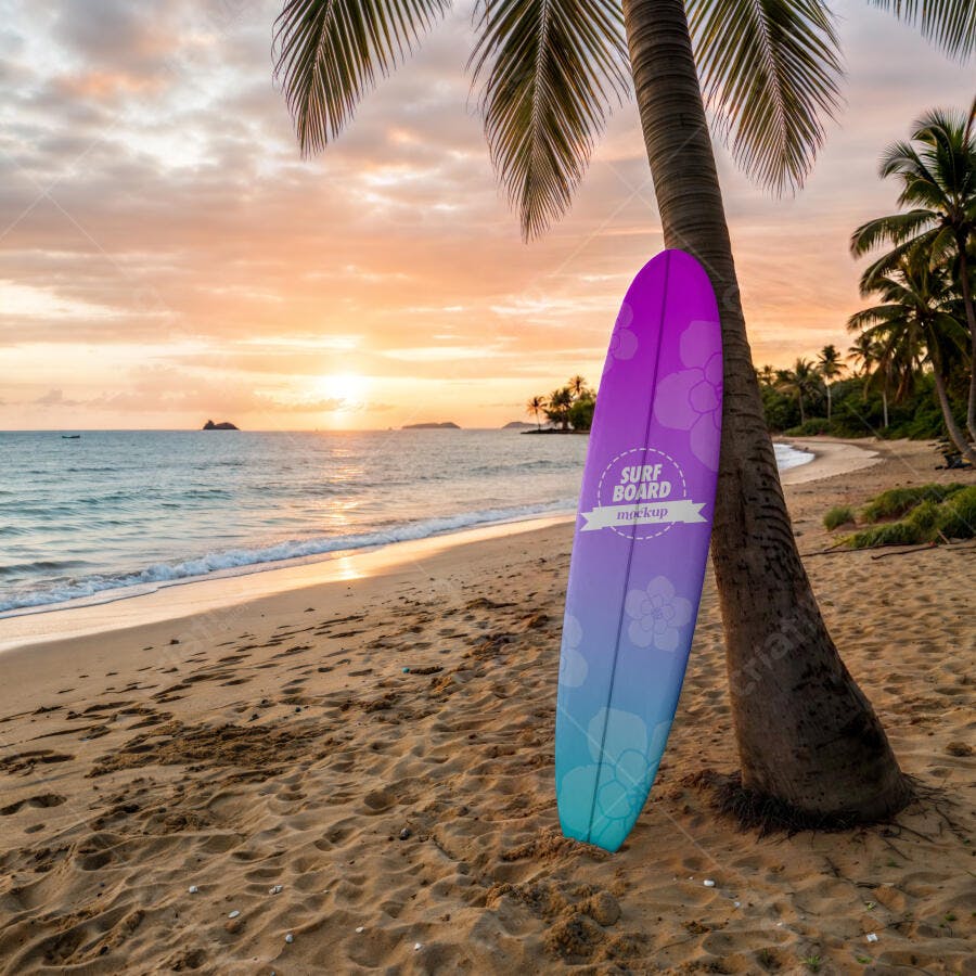 Mockup Prancha de Surf Praia Pôr do Sol Coqueiro Editável