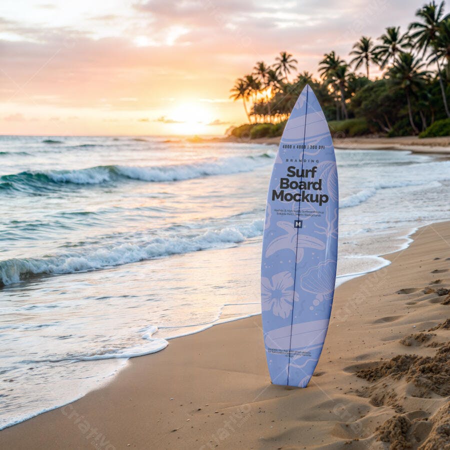 Mockup Prancha Surf Praia Pôr do Sol Editável