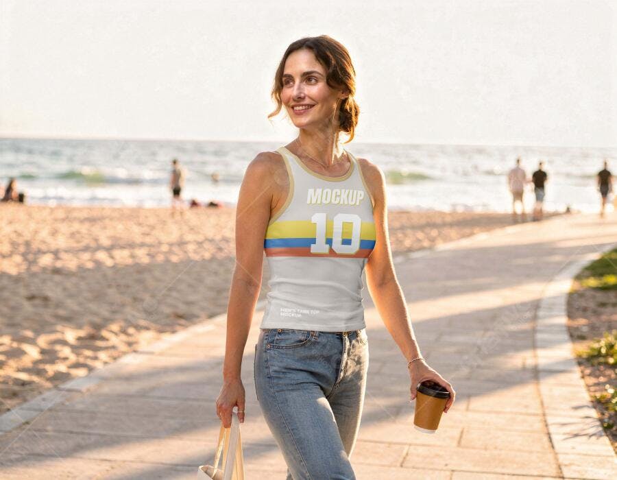 Mockup Regata Feminina Lifestyle Praia Editável