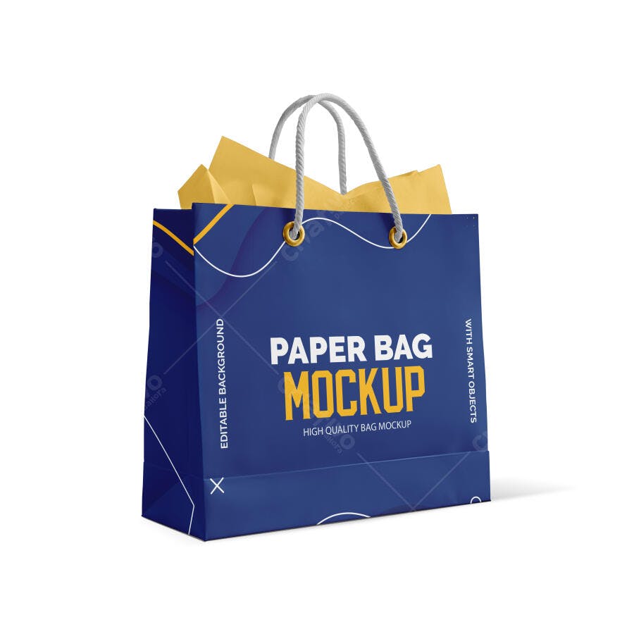 Mockup Sacola Papel Azul Fundo Branco Editável