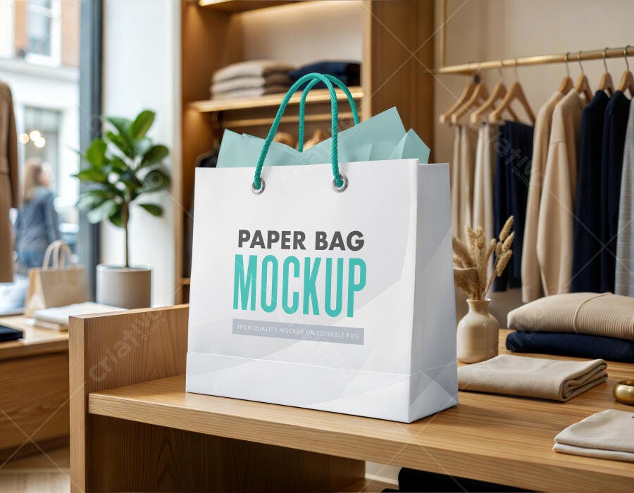 Mockup Sacola Papel Branca Loja Roupas Frontal Editável