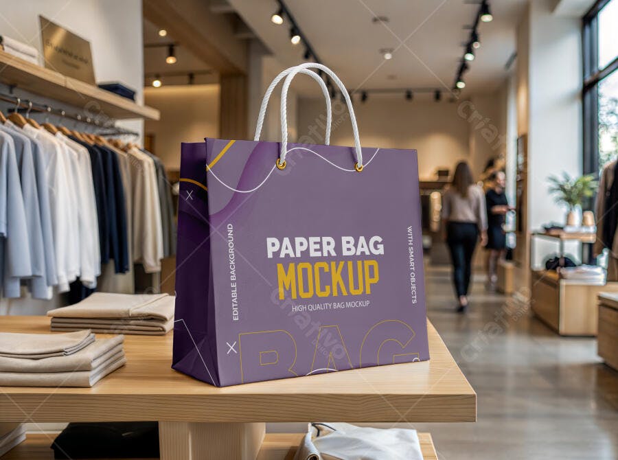 Mockup Sacola Papel Loja Roupas Frontal Editável