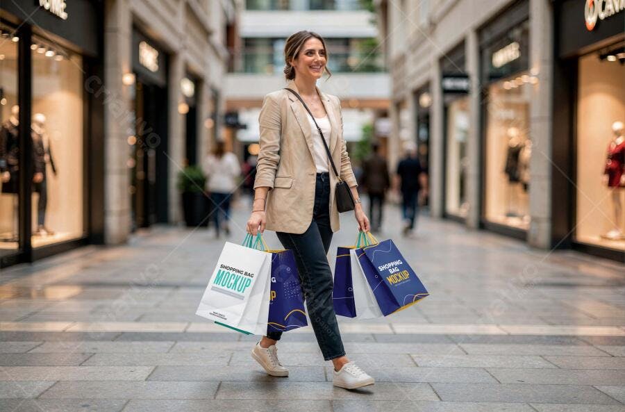 Mockup Sacola Papel Mulher Comprando Lifestyle Editável