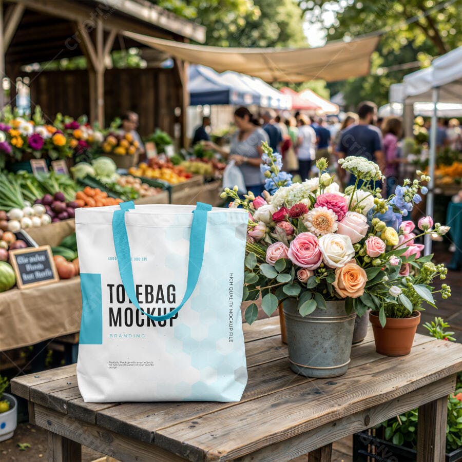 Mockup Sacola Tote Bag Feira Livre Mercado Editável