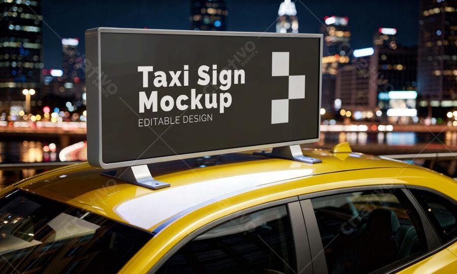Mockup Sinal Táxi Carro Noite Cidade Editável