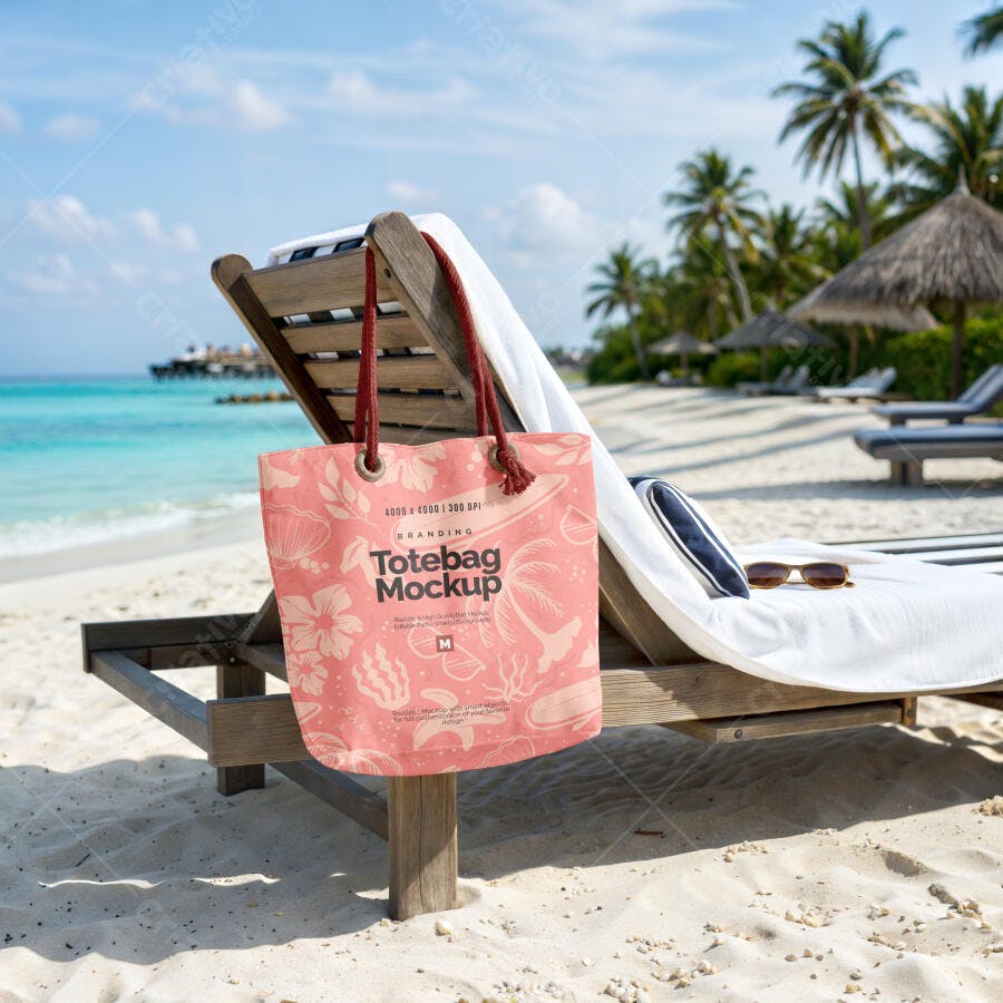 Mockup Totebag Praia Cadeira de Sol Cenário Verão Editável