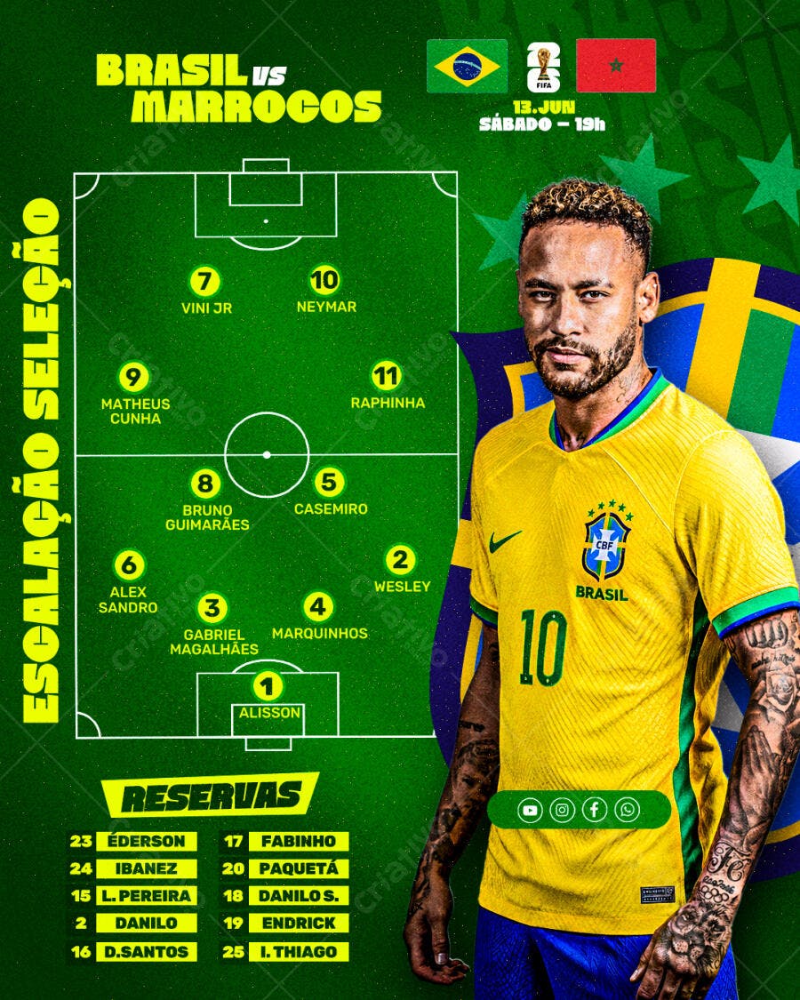 Post Instagram Escalação Brasil Marrocos Futebol PSD Editável