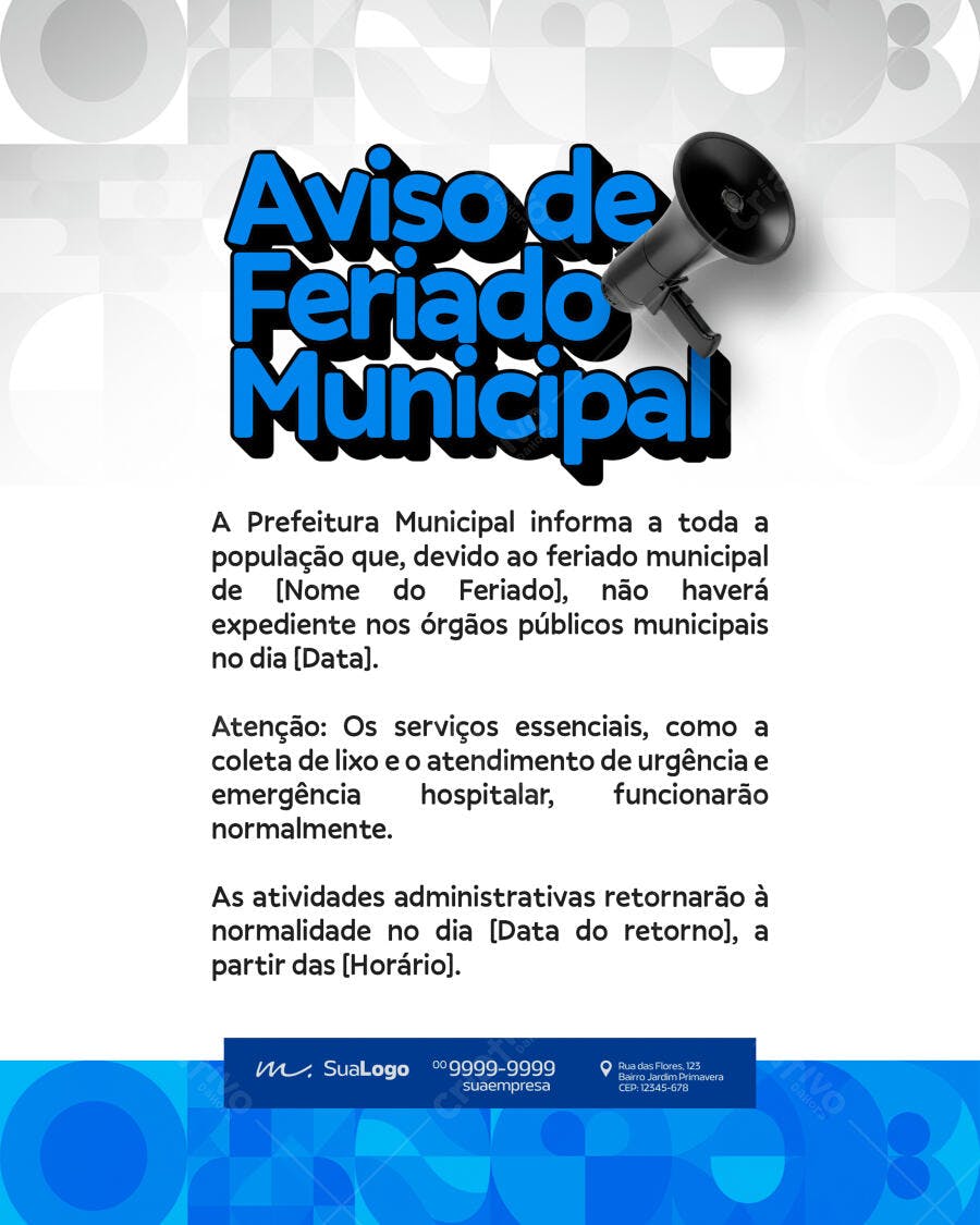 Aviso Feriado Municipal Prefeitura PSD Editável