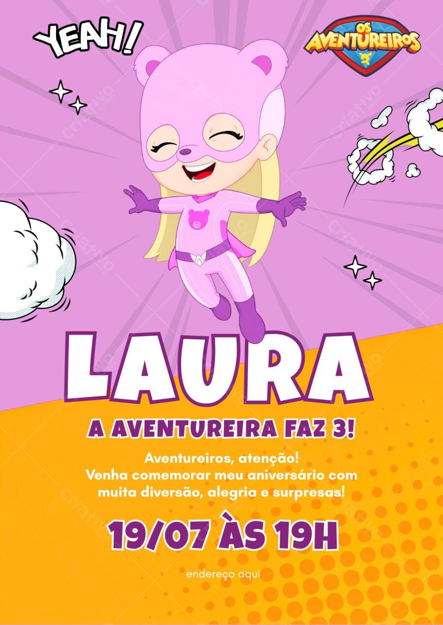 Convite Aniversário Aventureira Rosa 3 Anos Editável