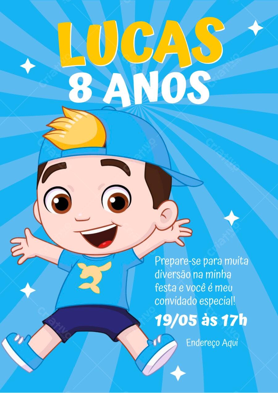 Convite Aniversário Luccas Neto 8 Anos Azul Editável