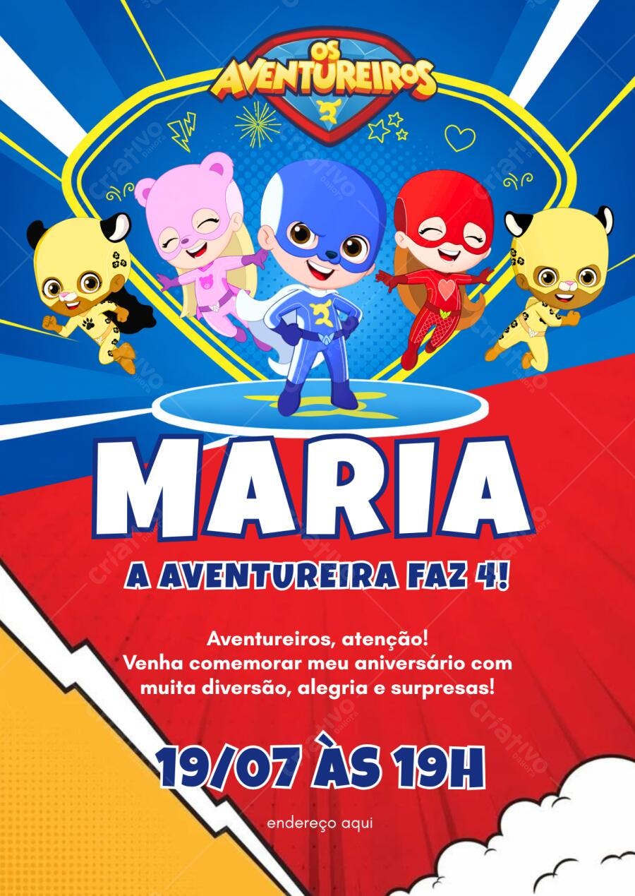 Convite Aniversário Os Aventureiros 4 Anos Editável