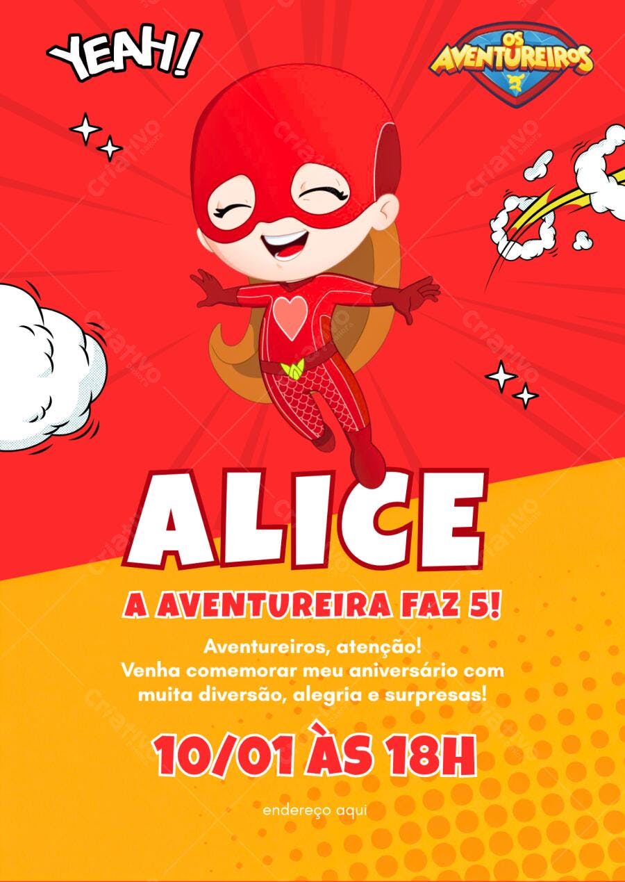 Convite Aniversário Os Aventureiros Alice 5 Anos Editável