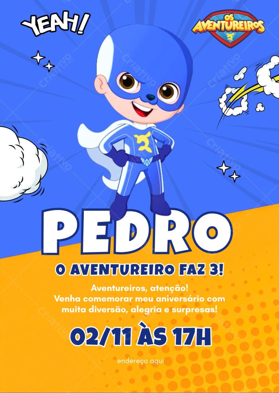 Convite Aniversário Os Aventureiros Pedro 3 Anos Editável