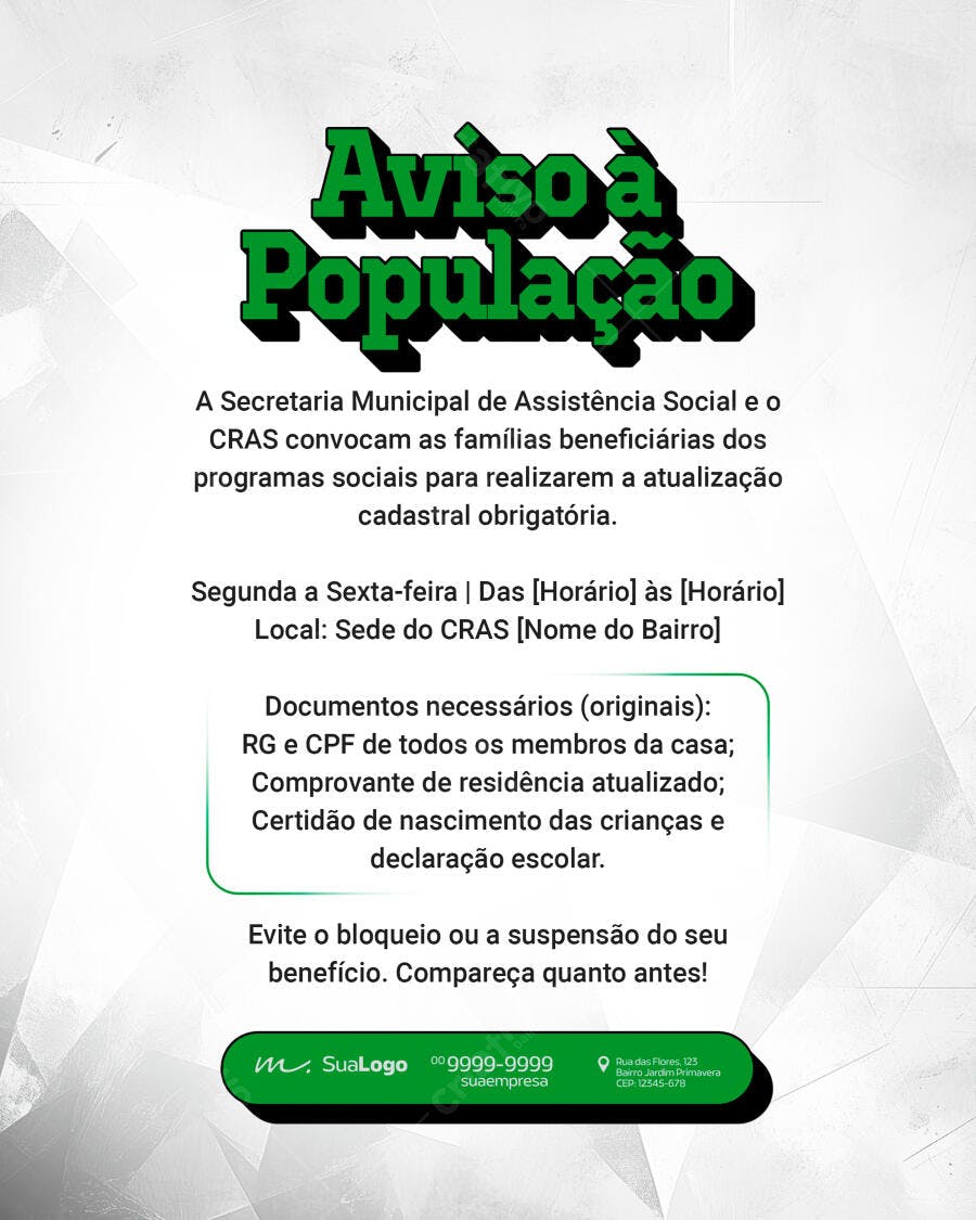 Flyer Aviso à População CRAS Assistência Social PSD Editável