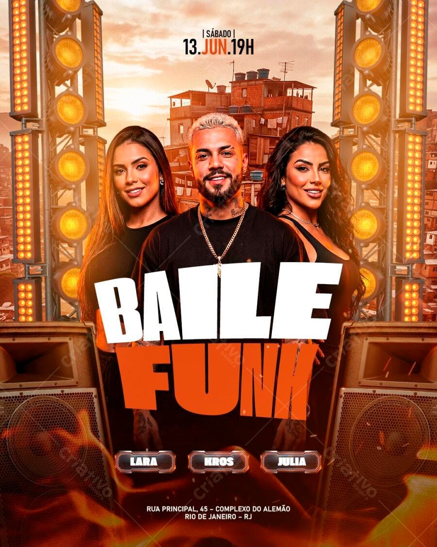Flyer Baile Funk Junho Evento Favela PSD Editável