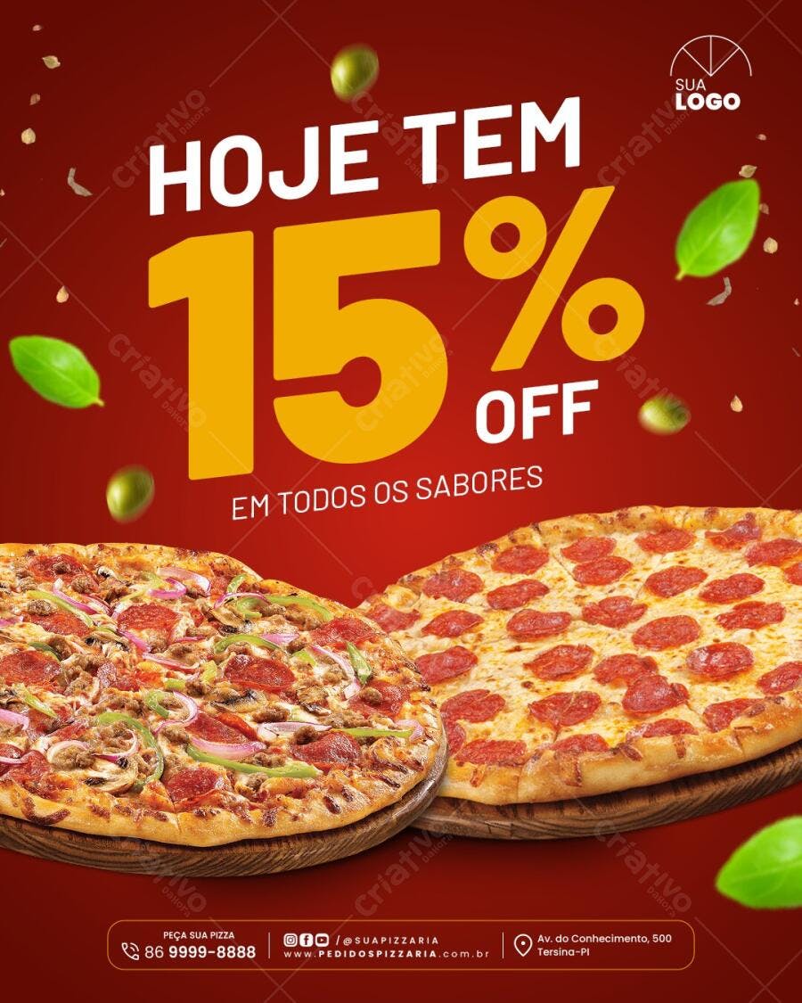 Post Instagram Promoção Pizzaria 15% OFF PSD Editável
