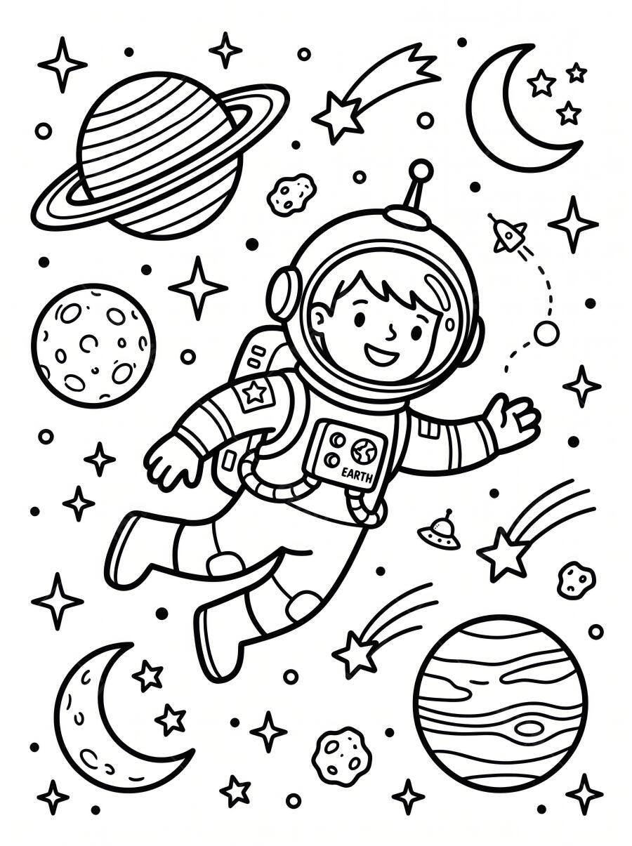Astronauta Criança Flutuando Espaço Sideral Desenho para Colorir