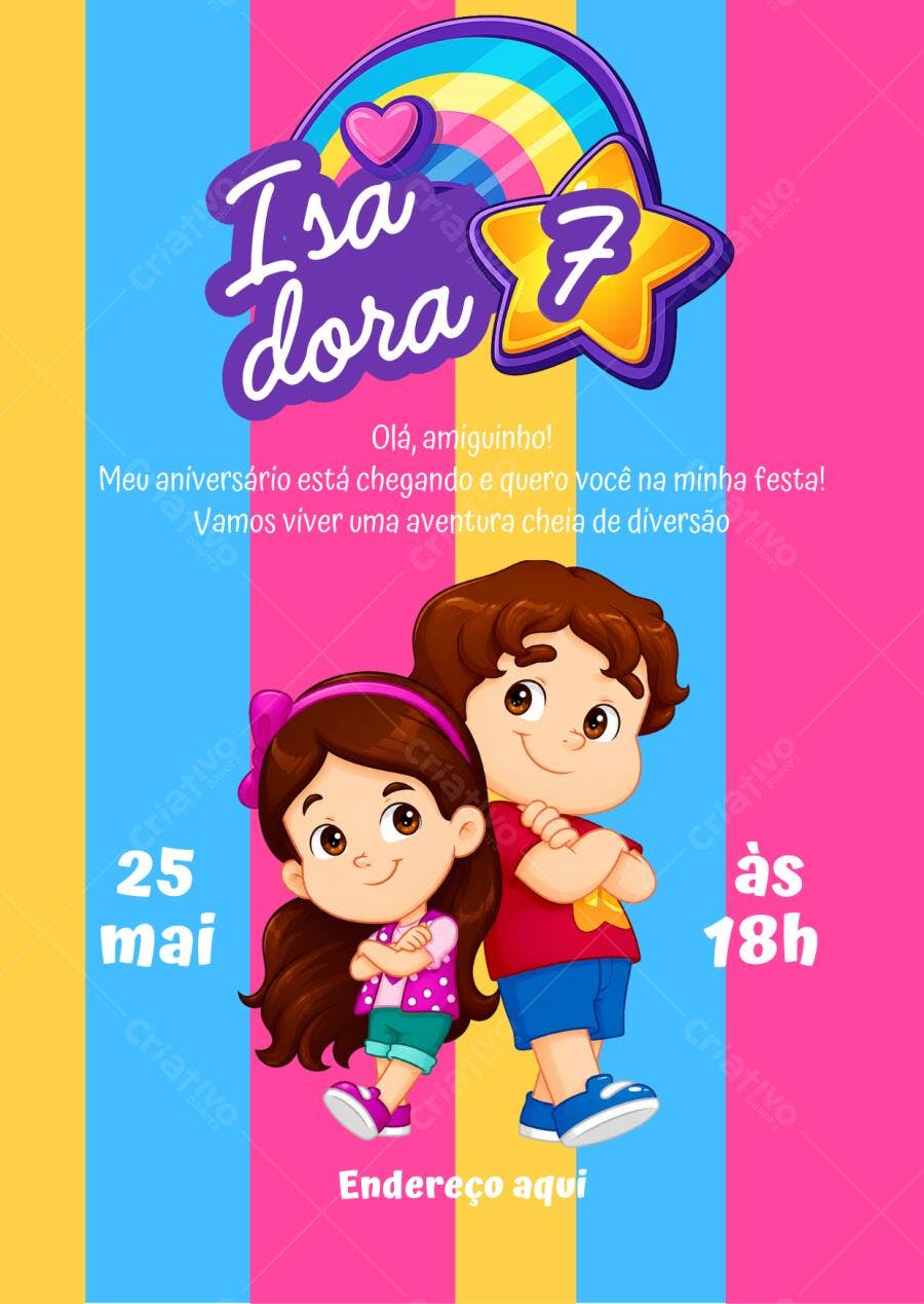Convite Aniversário Infantil Maria Clara e JP 7 Anos Editável